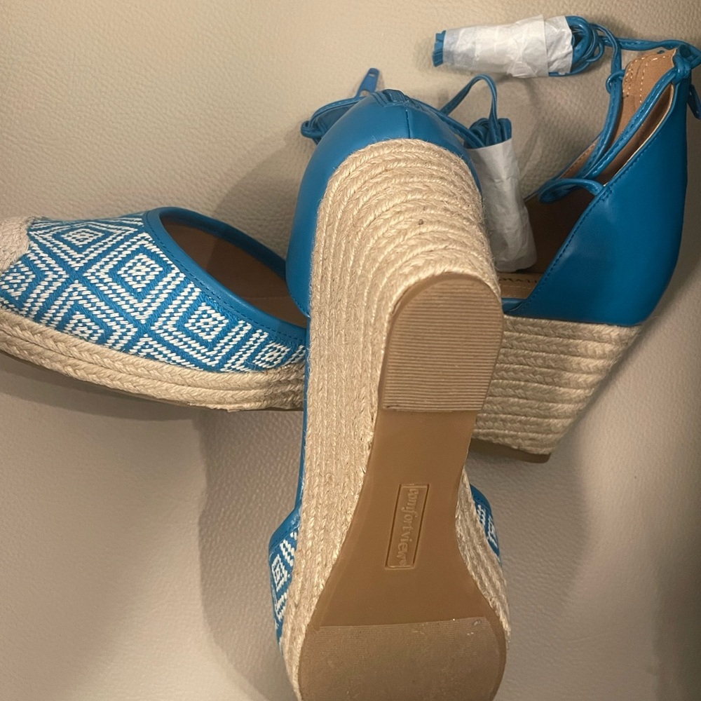 comfortview Blue Wedge Espadrille Sandals with Ankle Tie